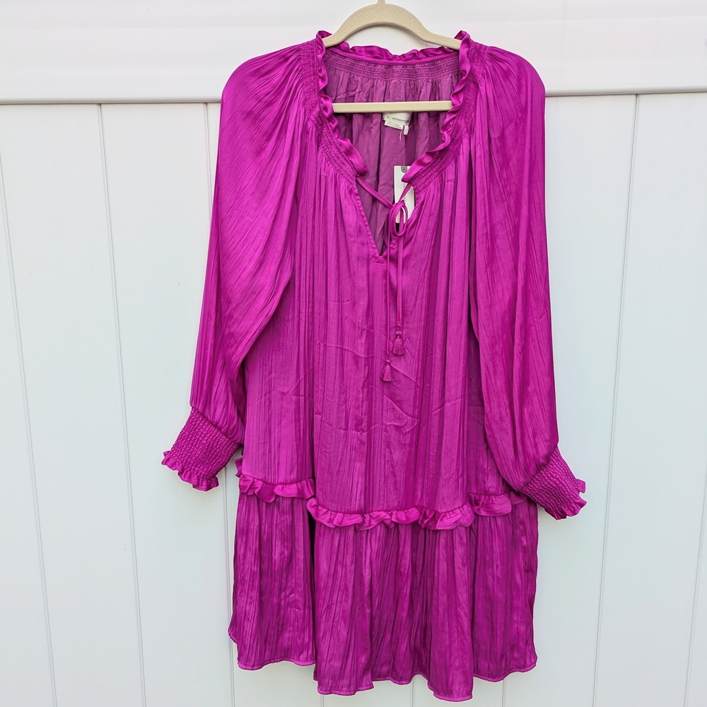 Anthropologie Pink Tiered Midi Dress Pink Bishop Sleeves Magenta M